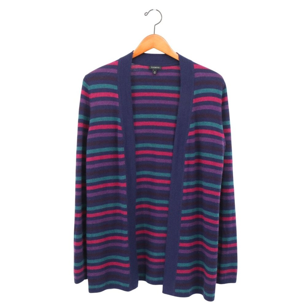Talbots Striped Open Front Long Sleeve Knit Lambswool Blend Cardigan Sweater M